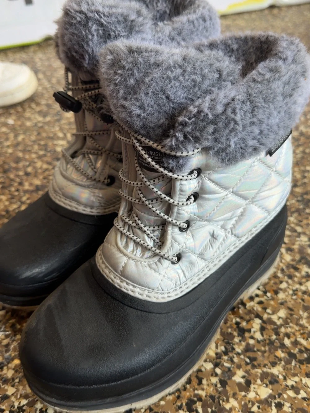 Iridescent Quilted Winter Boots with Gray Faux Fur